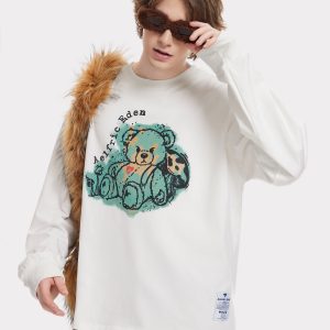 Cute Cartoon Bear Print Sweatshirt in Y2K Aesthetic for Cozy and Comfy Outfits