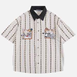 Cute Embroidered Animal Short Sleeve Shirt for Y2K Aesthetic and Coquette Style Outfits