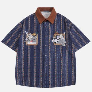 Cute Embroidered Animal Short Sleeve Shirt for Y2K Aesthetic and Coquette Style Outfits