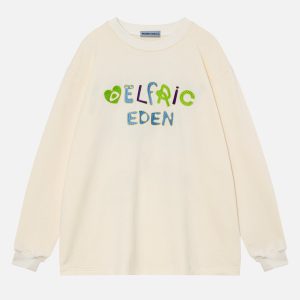 Cute Embroidered Animal Sweatshirt - Y2K Aesthetic Cozy Top for Comfy Outfits