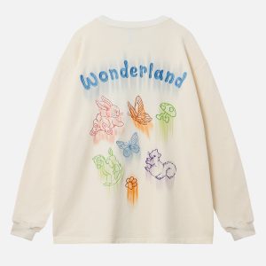 Cute Embroidered Animal Sweatshirt - Y2K Aesthetic Cozy Top for Comfy Outfits