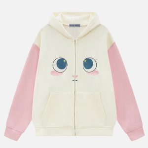 Cute Embroidered Cartoon Rabbit Hoodie - Y2K Aesthetic Comfy Top for Cozy Outfits