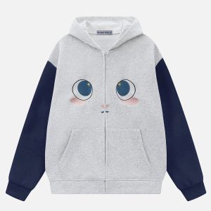 Cute Embroidered Cartoon Rabbit Hoodie - Y2K Aesthetic Comfy Top for Cozy Outfits