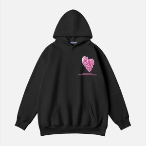 Cute Pink Heart Print Y2K Hoodie for Coquette Aesthetic and Comfy Style