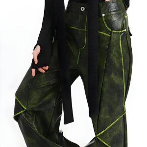 Cyberpunk Aesthetic Faux Leather Pants for Edgy Y2K Fashion and Grunge Style