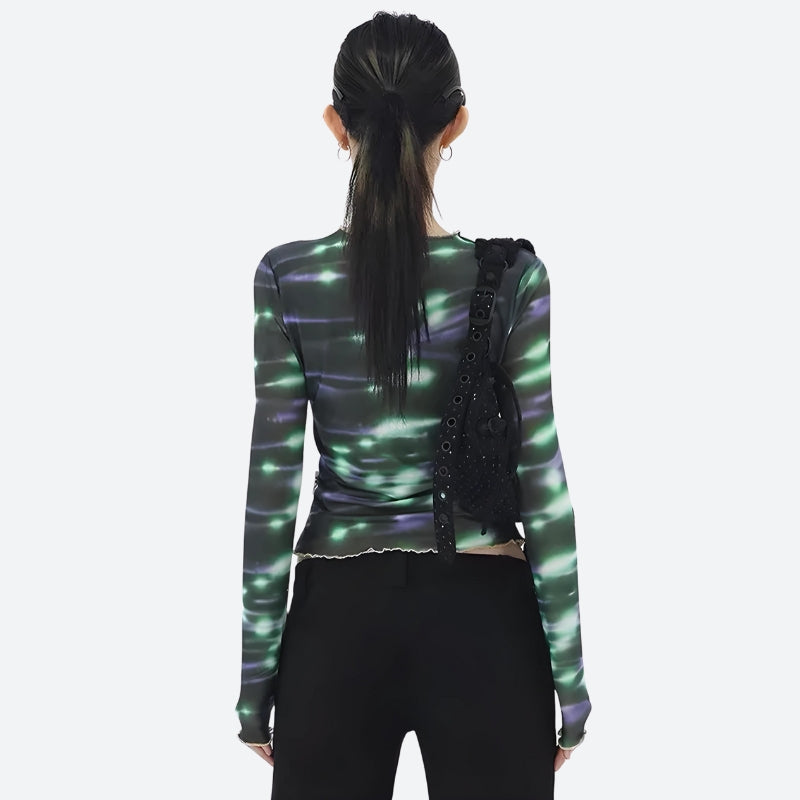 Cyberpunk Aesthetic Green Lights Mesh Top for Edgy Y2K Fashion Outfits