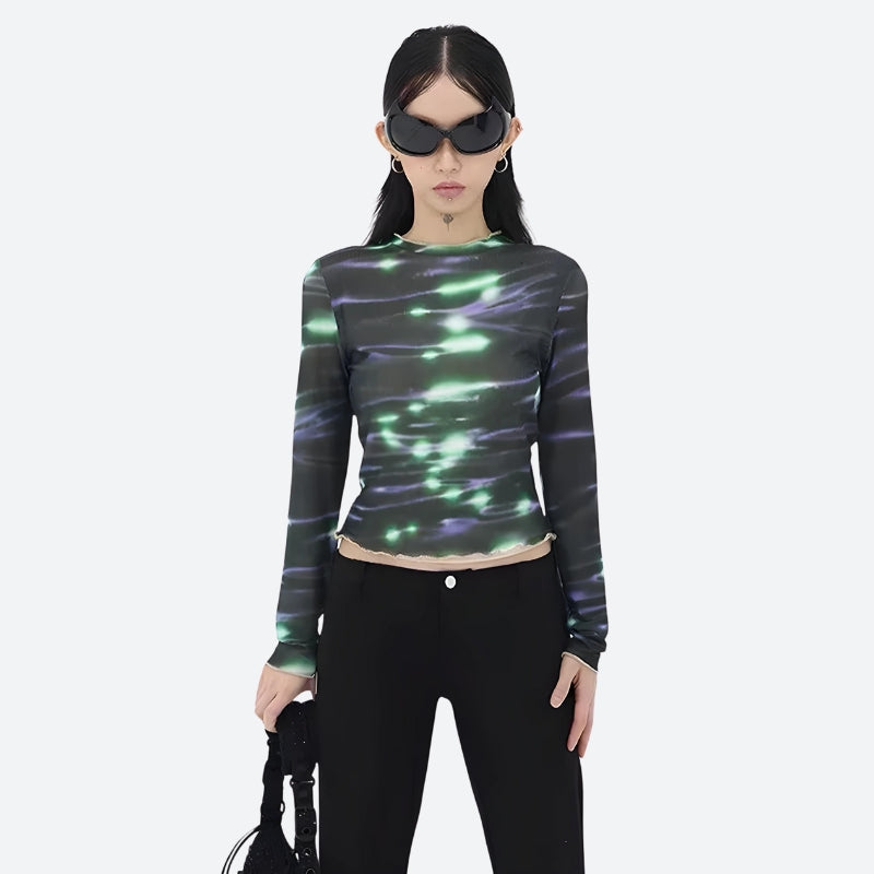 Cyberpunk Aesthetic Green Lights Mesh Top for Edgy Y2K Fashion Outfits