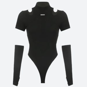 Cyberpunk Cut Out Corduroy Bodysuit - Y2K Aesthetic Fashion for Edgy Style Enthusiasts