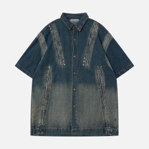 Deconstructive Denim Short Sleeve Shirt - Y2K Aesthetic Grunge Style Top for Trendy Outfits