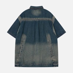 Deconstructive Denim Short Sleeve Shirt - Y2K Aesthetic Grunge Style Top for Trendy Outfits