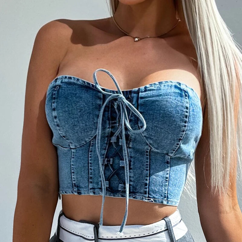 Denim Tie & Tube Tango Top: Y2K Aesthetic Crop Top for Trendy Outfits and Grunge Style