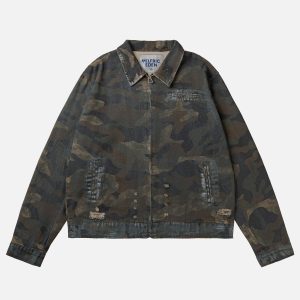 Dirt Washed Camouflage Jacket - Y2K Grunge Style Outerwear for Aesthetic Outfits