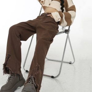 Distressed Brown Straight Leg Jeans for Y2K Fashion and Grunge Aesthetic Outfits