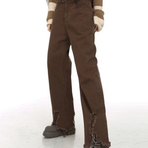 Distressed Brown Straight Leg Jeans for Y2K Fashion and Grunge Aesthetic Outfits