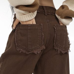 Distressed Brown Straight Leg Jeans for Y2K Fashion and Grunge Aesthetic Outfits