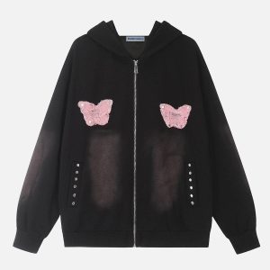 Distressed Butterfly Y2K Washed Hoodie - Trendy Grunge Aesthetic Top for Stylish Outfits