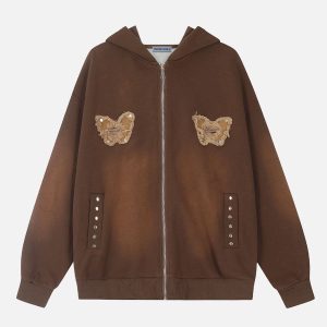 Distressed Butterfly Y2K Washed Hoodie - Trendy Grunge Aesthetic Top for Stylish Outfits