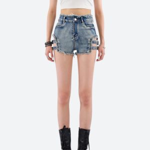 Distressed Cut Out Denim Shorts for Y2K Aesthetic and Grunge Style Outfits