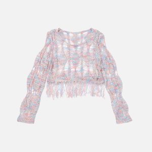 Distressed Cut-Out Sweater: Y2K Aesthetic Knit Top for Grunge and Coquette Styles