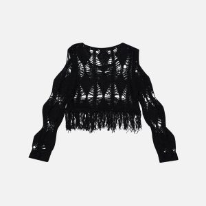 Distressed Cut-Out Sweater: Y2K Aesthetic Knit Top for Grunge and Coquette Styles