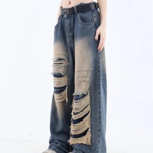 Distressed Dark Wash Grunge Jeans for Y2K Aesthetic Outfits and Edgy Style