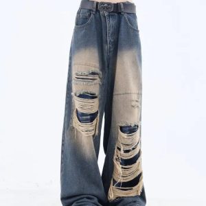 Distressed Dark Wash Grunge Jeans for Y2K Aesthetic Outfits and Edgy Style