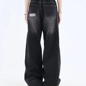 Distressed Dark Wash Grunge Jeans for Y2K Aesthetic Outfits and Edgy Style