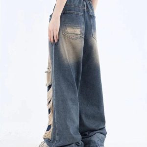 Distressed Dark Wash Grunge Jeans for Y2K Aesthetic Outfits and Edgy Style