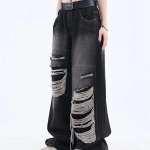 Distressed Dark Wash Grunge Jeans for Y2K Aesthetic Outfits and Edgy Style