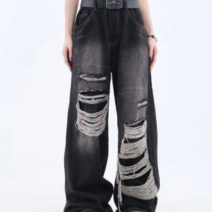 Distressed Dark Wash Grunge Jeans for Y2K Aesthetic Outfits and Edgy Style