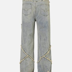 Distressed Fringe Loose Jeans for Y2K Aesthetic and Grunge Style Outfits