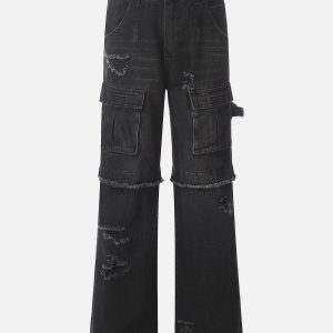 Distressed Fringe Patchwork Y2K Jeans for a Trendy Grunge Aesthetic Look