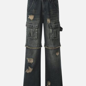 Distressed Fringe Patchwork Y2K Jeans for a Trendy Grunge Aesthetic Look