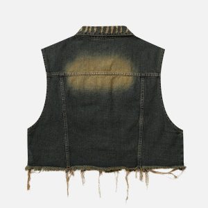 Distressed Fringe Washed Denim Vest for Y2K Aesthetic Outfits and Grunge Style Looks