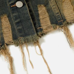 Distressed Fringe Washed Denim Vest for Y2K Aesthetic Outfits and Grunge Style Looks