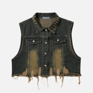 Distressed Fringe Washed Denim Vest for Y2K Aesthetic Outfits and Grunge Style Looks