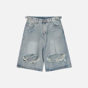 Distressed Fringe Y2K Denim Jorts for Trendy Grunge Aesthetic Outfits