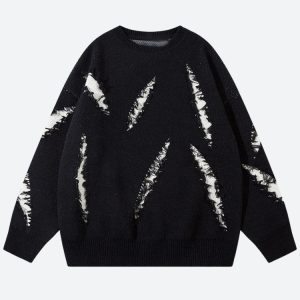 Distressed Grunge Claw Knitted Sweater - Y2K Aesthetic Cozy Top for Edgy Style