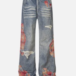 Distressed Lace Patchwork Y2K Jeans for a Grunge Aesthetic Look and Vintage Vibes