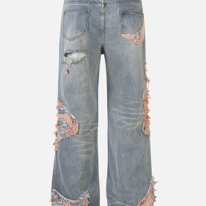 Distressed Lace Patchwork Y2K Jeans for a Grunge Aesthetic Look and Vintage Vibes