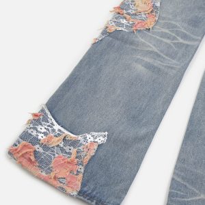 Distressed Lace Patchwork Y2K Jeans for a Grunge Aesthetic Look and Vintage Vibes