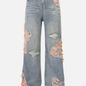 Distressed Lace Patchwork Y2K Jeans for a Grunge Aesthetic Look and Vintage Vibes