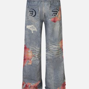 Distressed Lace Patchwork Y2K Jeans for a Grunge Aesthetic Look and Vintage Vibes