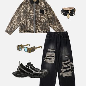 Distressed Leopard Print Jacket - Y2K Grunge Style Outerwear for Aesthetic Outfits