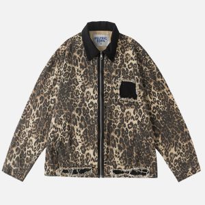 Distressed Leopard Print Jacket - Y2K Grunge Style Outerwear for Aesthetic Outfits