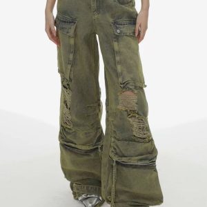 Distressed Multi Pocket Y2K Jeans for a Grunge Aesthetic Look and Comfy Style