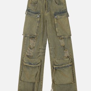 Distressed Multi Pocket Y2K Jeans for a Grunge Aesthetic Look and Comfy Style