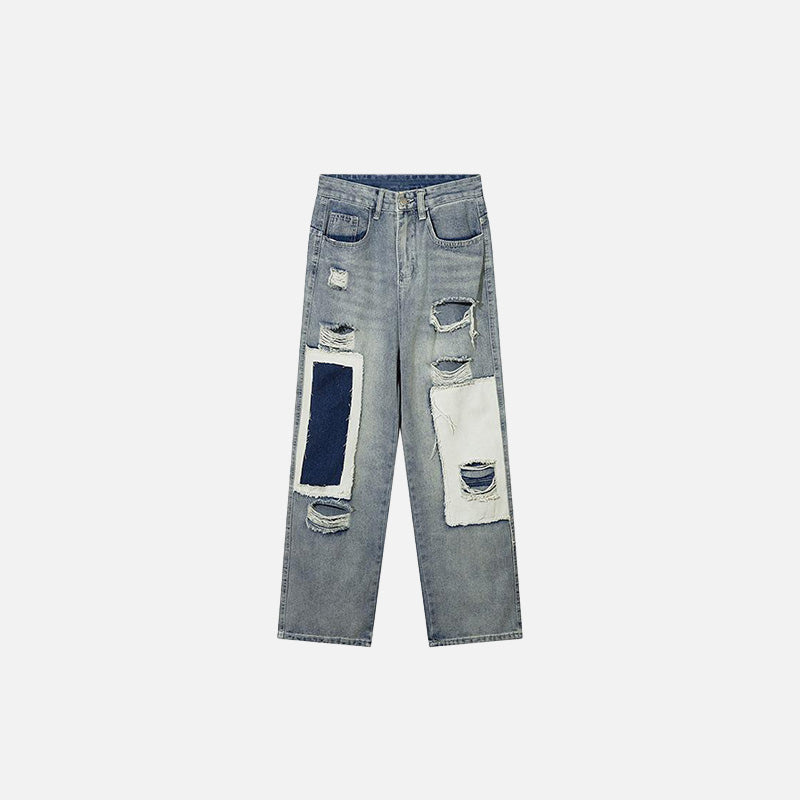 Distressed Patchwork Straight Leg Jeans for Y2K Aesthetic and Grunge Style Outfits