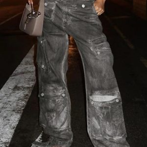 Distressed Tie Dye Multi-Pocket Cargo Jeans for Y2K Fashion and Grunge Aesthetic Lovers