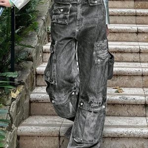 Distressed Tie Dye Multi-Pocket Cargo Jeans for Y2K Fashion and Grunge Aesthetic Lovers